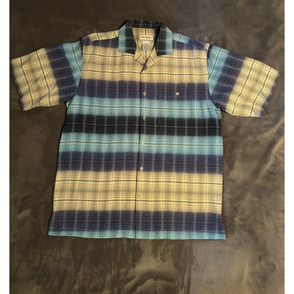 Norm Thompson 100% Silk Shirt Mens M Blue plaid Retro Button Down Short Sleeve